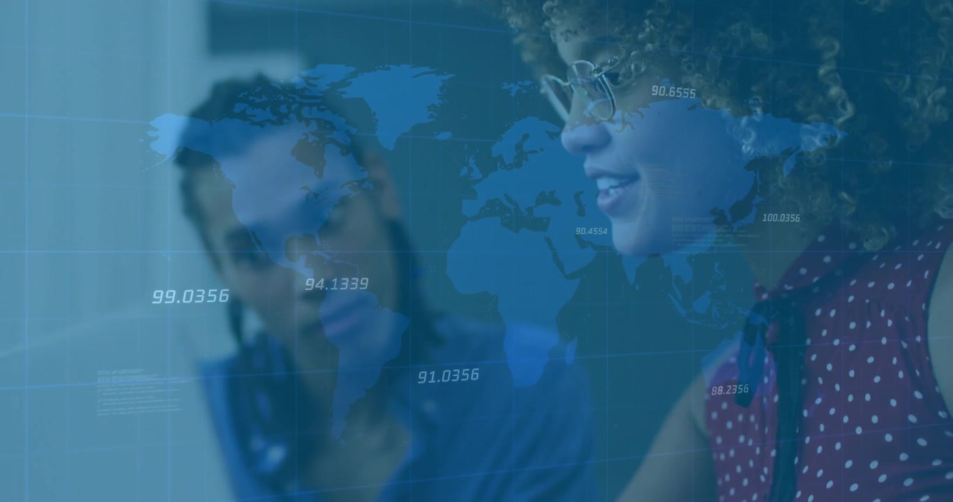 Typing on laptop revealing medical team tapping smartphone while analyzing world-map data overlay