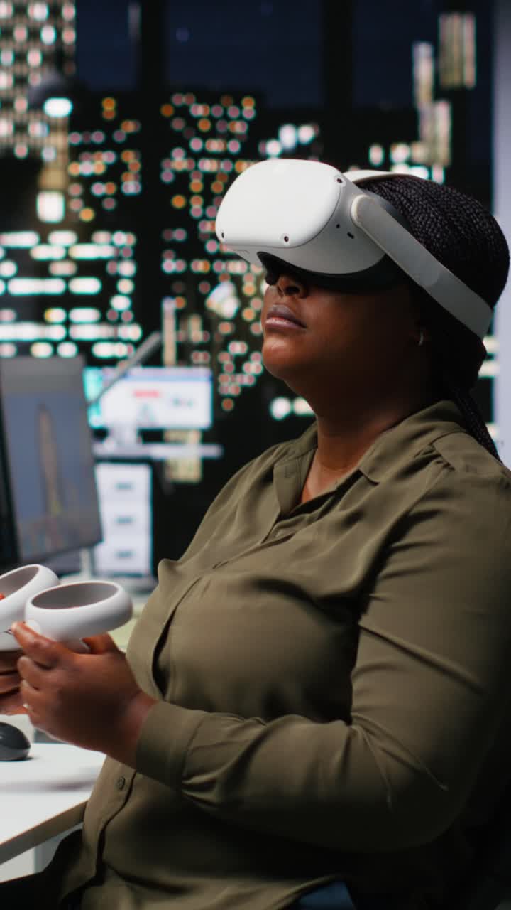 Vertical Video Black female graphic designer uses VR glasses and AI to edit photos