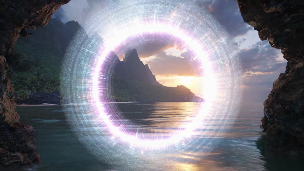 Un portale stellare che svela paesaggi maestosi: la trasformazione dell'alba riflessa attraverso un portale quantico che si affaccia su acque serene e montagne lontane.