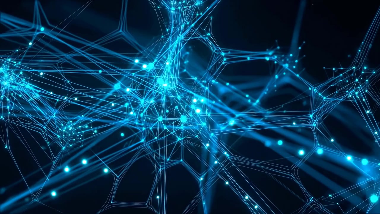 Dense field of glowing cyan-blue nodes connected by thin translucent filaments forming irregular hexagonal mesh against deep black background, with network, node, connection, filament detail