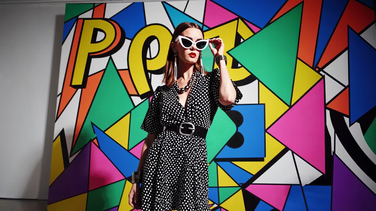 mujer elegante en vestido de puntos polca contra un colorido fondo de arte pop