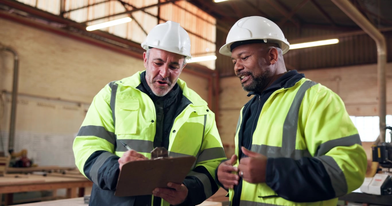 Two Construction Workers Discussing Project Plans in a Warehouse