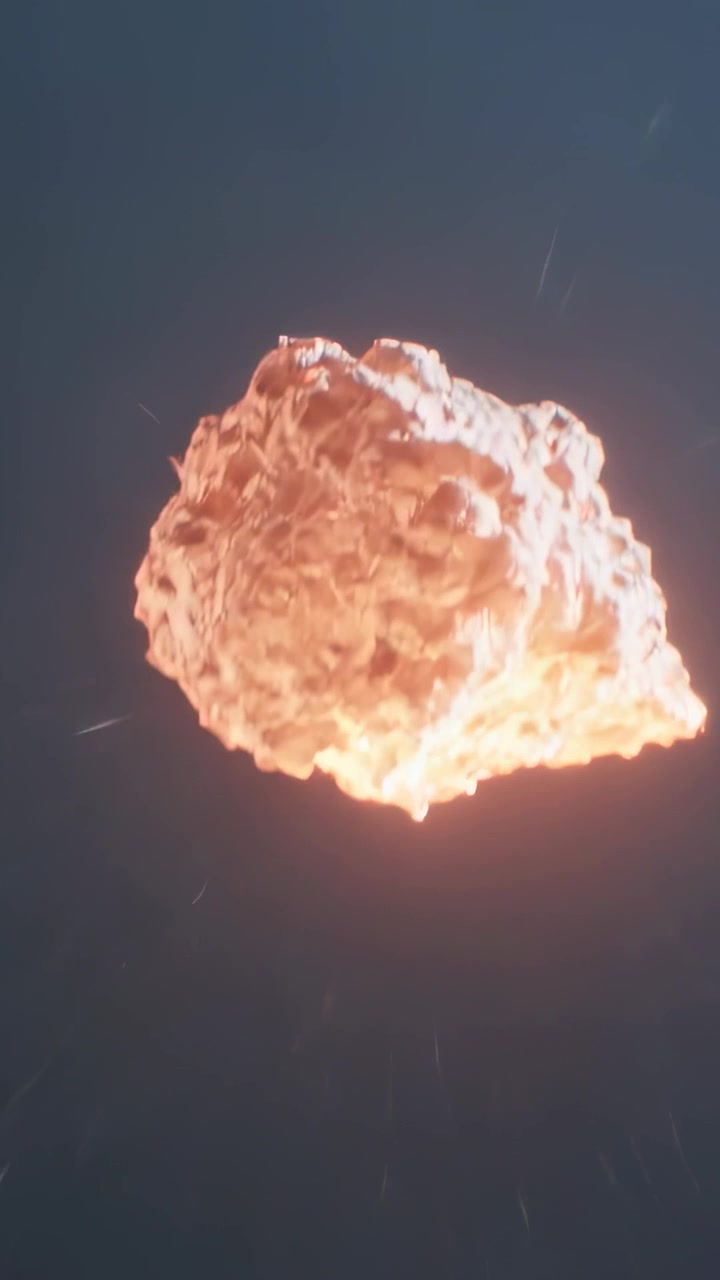 Video verticale: Meteoroide entra nell'atmosfera, si riscalda ed esplode nel cielo scuro, inviando scintille incandescenti.