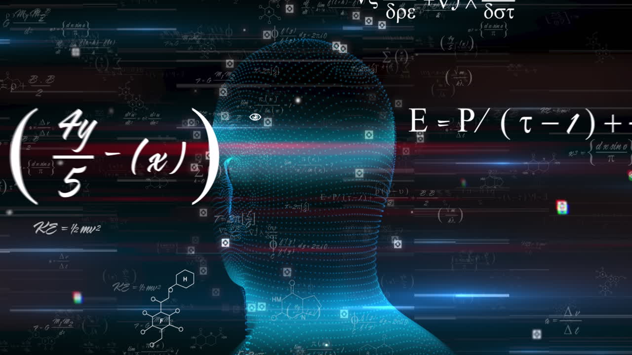 검은 바탕에 디지털 헤드와 수학 방정식의 애니메이션