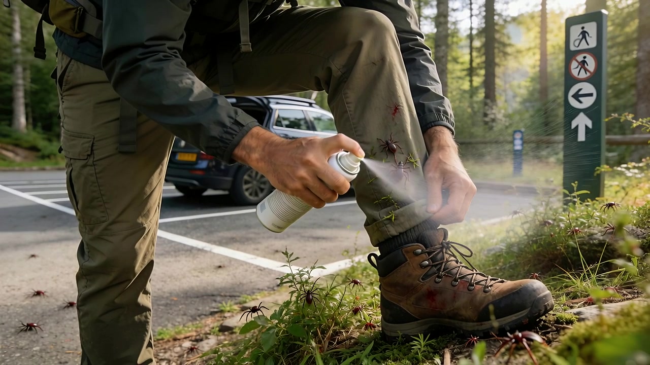 Noticing insects on boot and pant leg, hiker lifting cuff spraying aerosol at trail before hiking