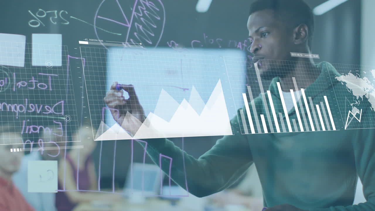 Animation of financial data processing over african american businessman in office