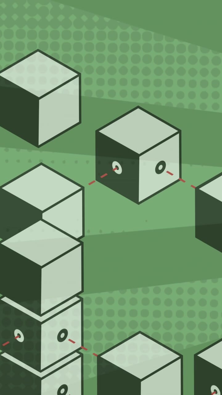 Animation of moving 3d shapes over green stripes background