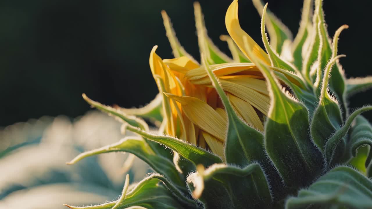Close-up video of a sunflower bud with soft lighting, capturing fine details and textures from a low