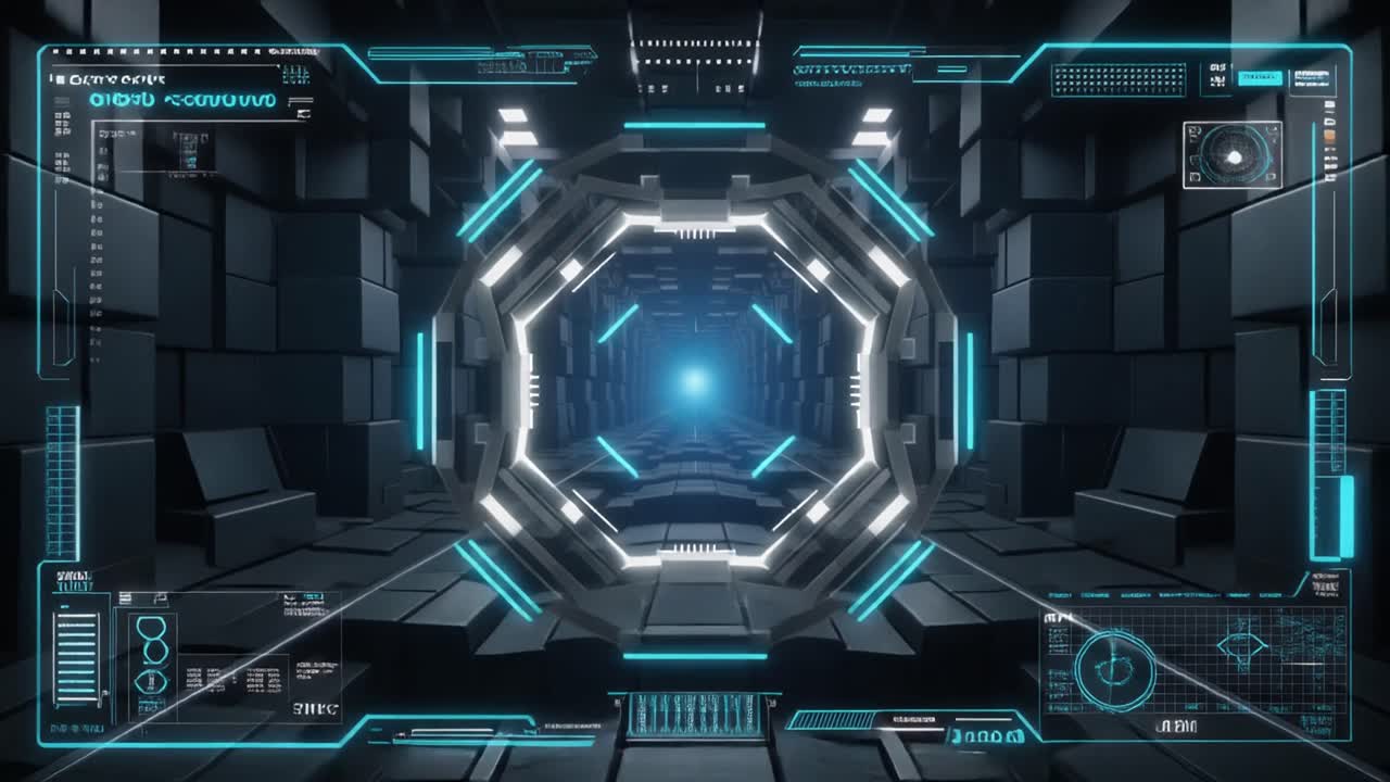 Interfaccia HUD digitale sovrapposta a un tunnel futuristico