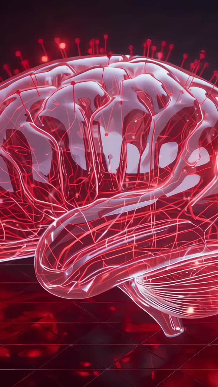Vertikal video: Roterende CGI-hjerne som sender glødende pulser etter at node som pulserer, viser nettverk
