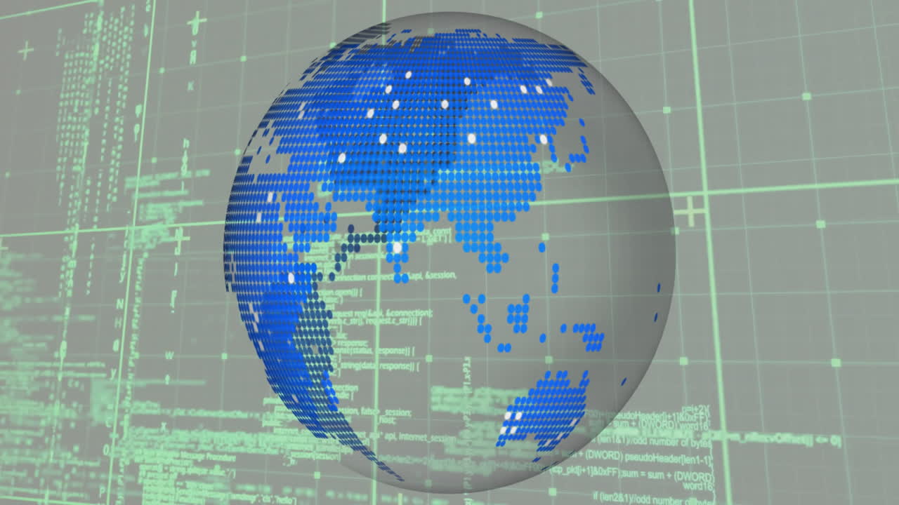 Rotating digital globe with data processing animation over grid background