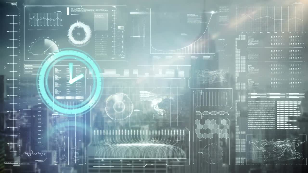 Animation of clock moving fast and data processing on screen over cityscape