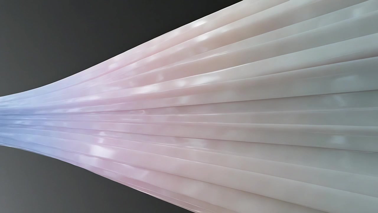 Panning camera revealing pleated sheer ribbon across dark gray backdrop with pastel pink-blue wash