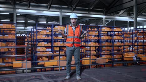 full body of asian male engineer with safety helmet standing in the warehouse with shelves full of delivery goods. wondering and saying why working doubtfully in the storage