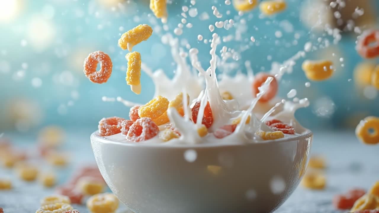 Colorful cereal splashes in milk bowl. Cereal pieces leap into a bowl of milk, creating splashes in a bright and inviting kitchen setting.