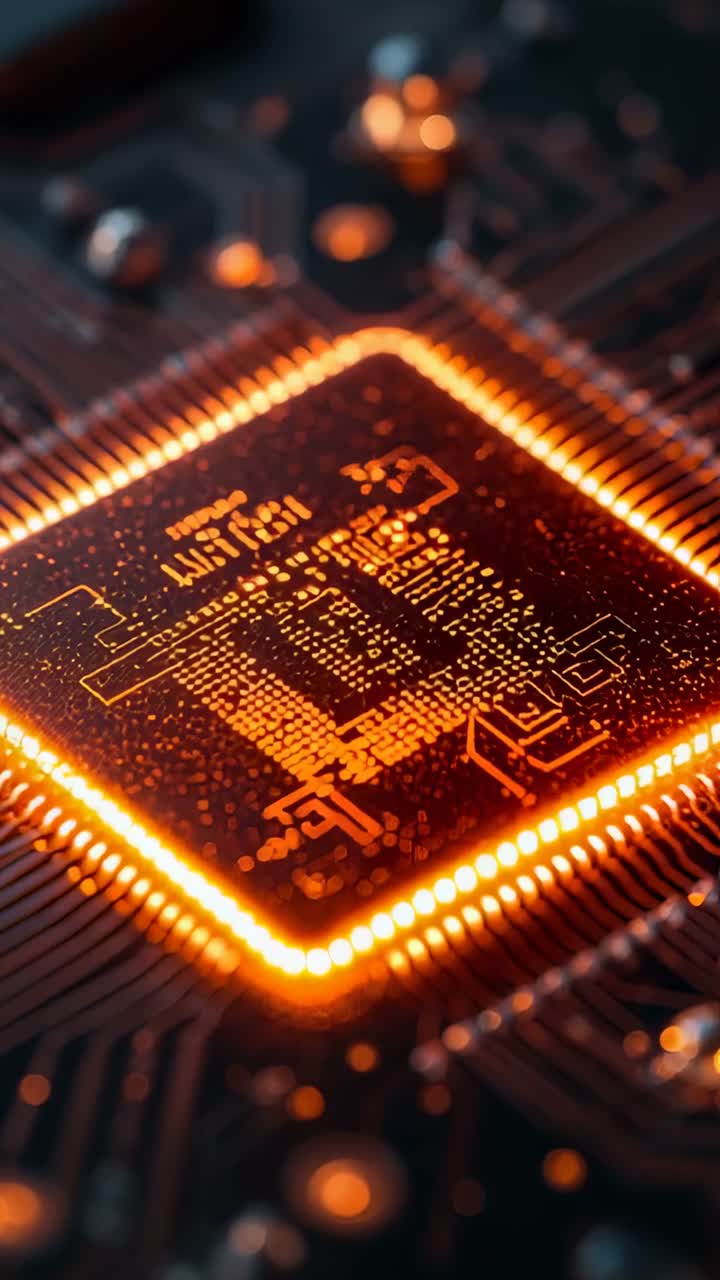 Vertikal video: Åbningskamera afslører chip på PCB i et laboratorium, orange kant pulserer for at fremhæve matrice