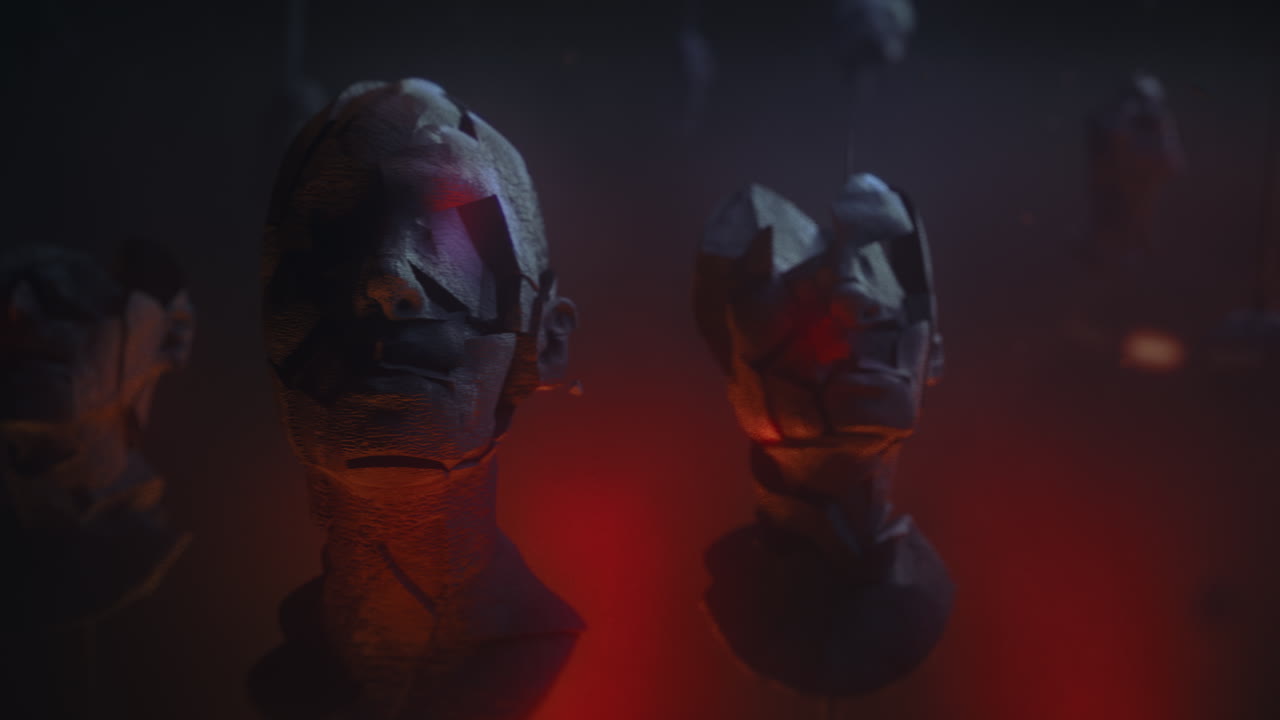 Crushed android heads on spikes in hell