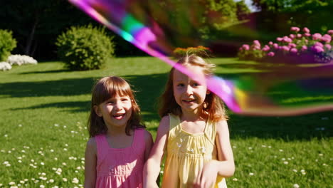 two young girls playing with giant bubbles in a sunny park