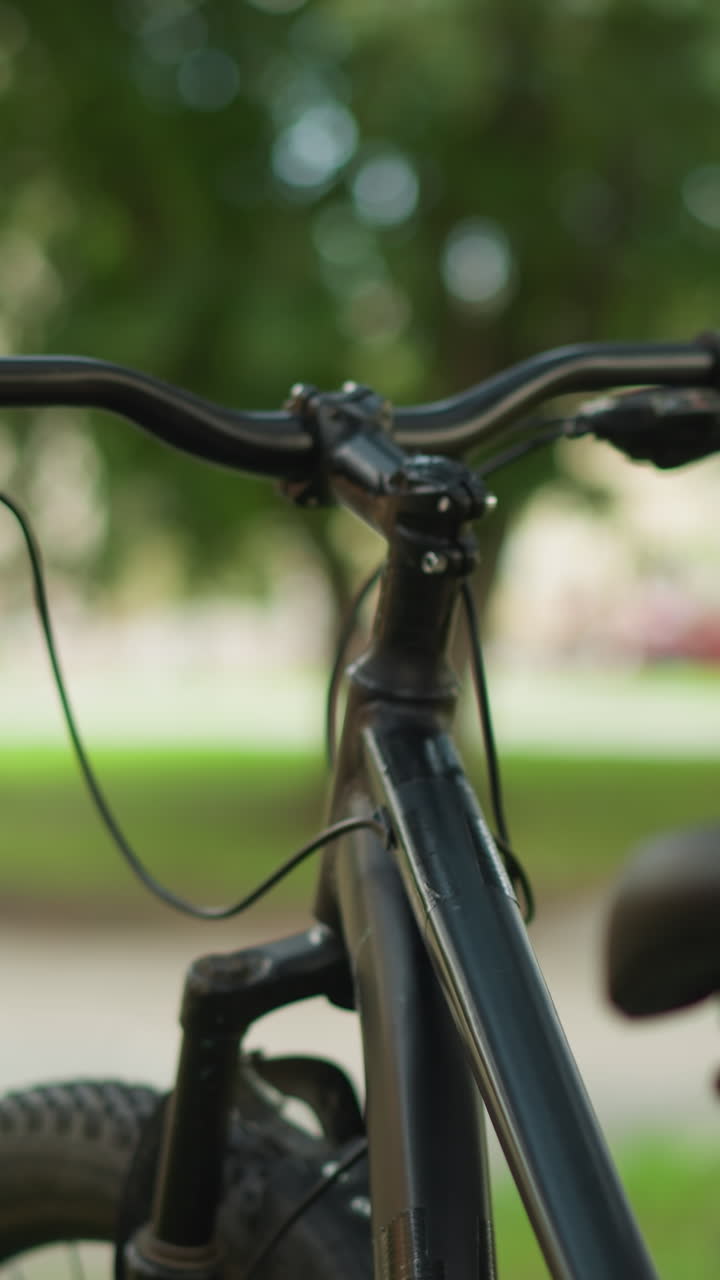 primer plano del manillar de la bicicleta y el marco delantero apoyados contra un árbol en un entorno de parque verde exuberante con un fondo borroso suave, con árboles y edificios distantes en el fondo