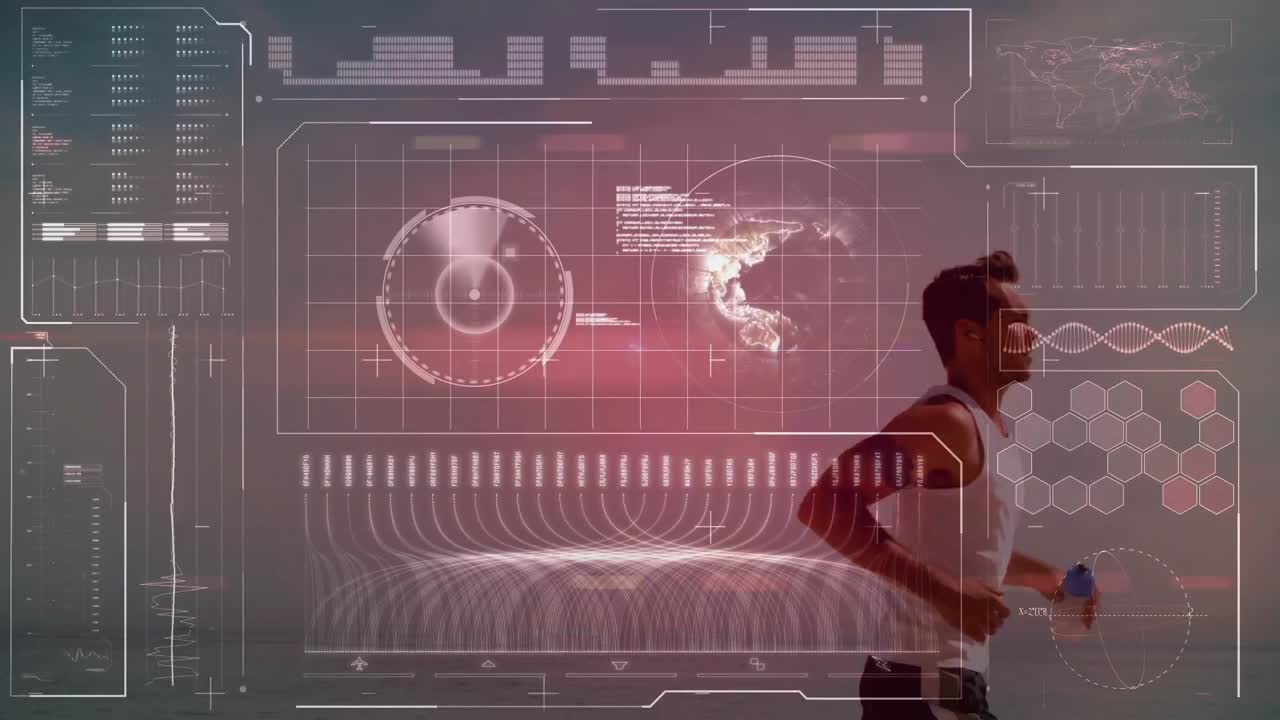 animación del procesamiento de datos sobre el hombre apto corriendo