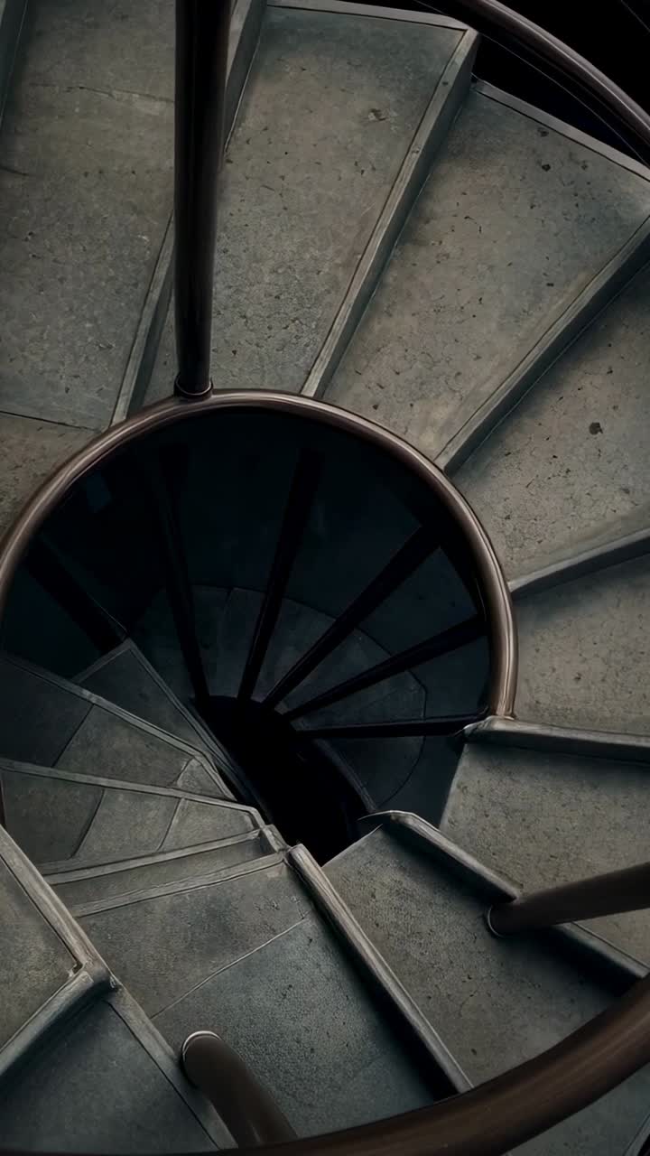 Vídeo vertical: cámara giratoria que se acerca al hueco de la escalera de caracol y muestra las texturas del pasamanos de metal