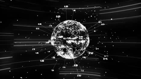 Animation-of-data-processing-with-globe-of-connections-and-light-trails-on-black-background