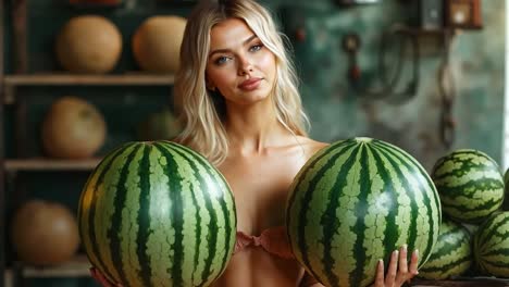 a woman holding two large watermelons in her hands