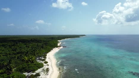 imágenes de drones descendiendo sobre un océano turquesa y un arrecife de coral en el caribe mientras el bosque nativo se extiende a lo largo de una playa en el horizonte y las nubes proyectan sombras sobre el agua