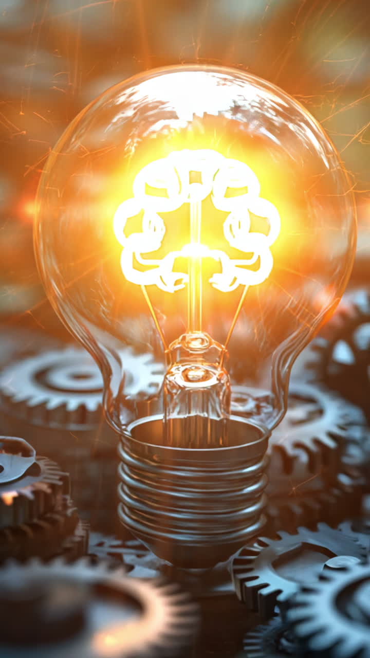 A light bulb is surrounded by gears and leaves. The light bulb is glowing and the gears are metallic. Concept of technology and nature coming together