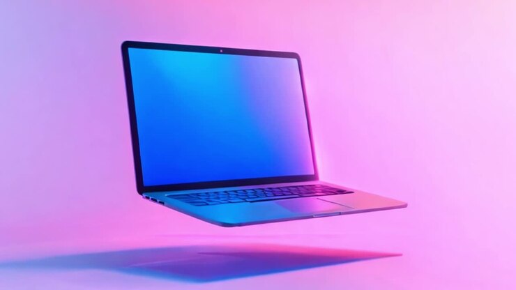Schwebender Laptop mit lebhaftem Neon-Farbverlauf-Hintergrund