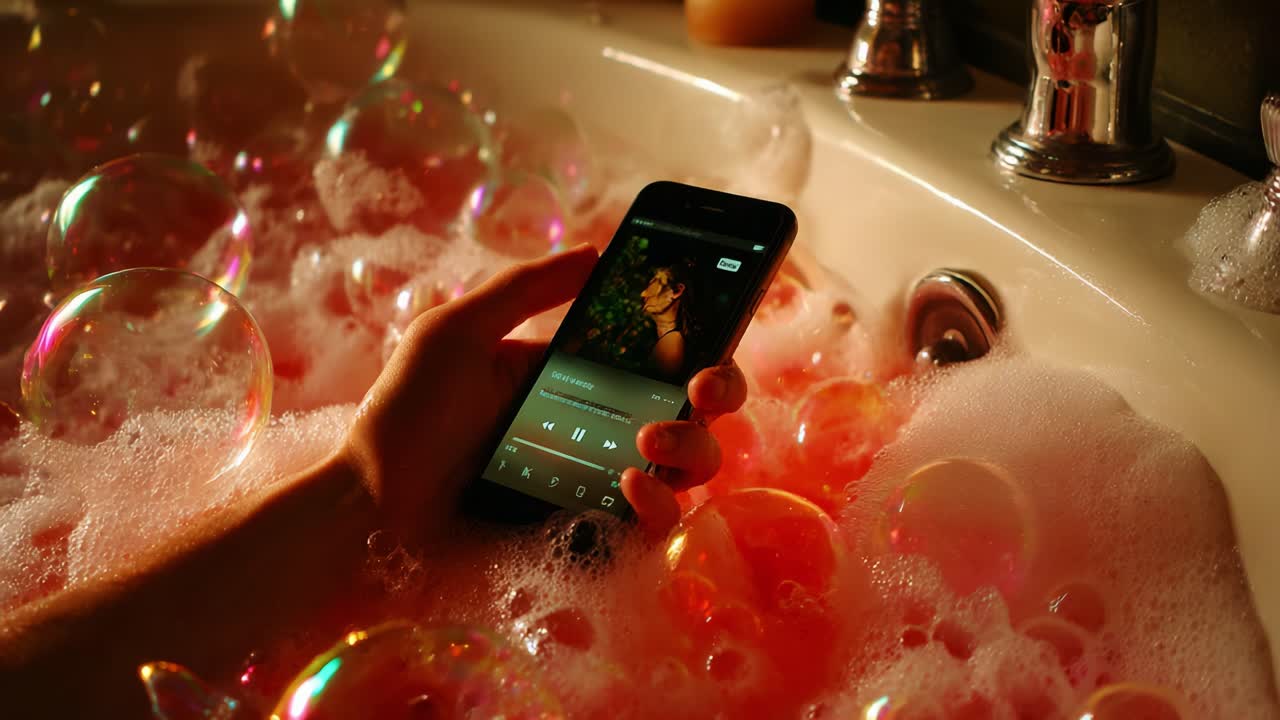 Relaxing in a Bubble Bath with Music: A Soothing Experience Enjoying the Comfort of Soapy Waters and Colorful Bubbles While Listening to Favorite Tunes on a Smartphone