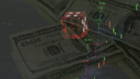 animación del procesamiento de datos financieros sobre dados y billetes de dólares estadounidenses en el fondo