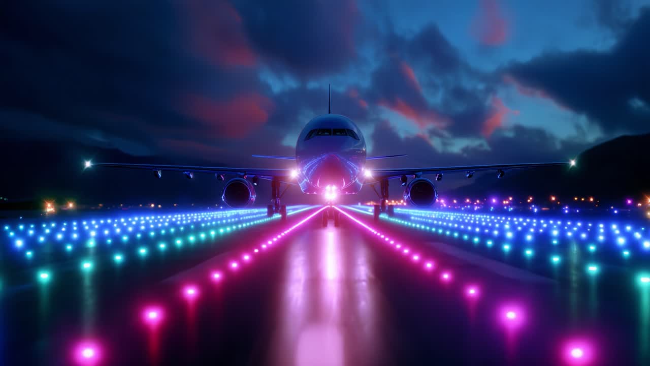 A Stunning Arrival: An Airplane Positioned at the End of a Vibrant Runway Bathed in Colorful Lighting During an Evening Scene, Highlighting the Beauty of Modern Aviation and Technology