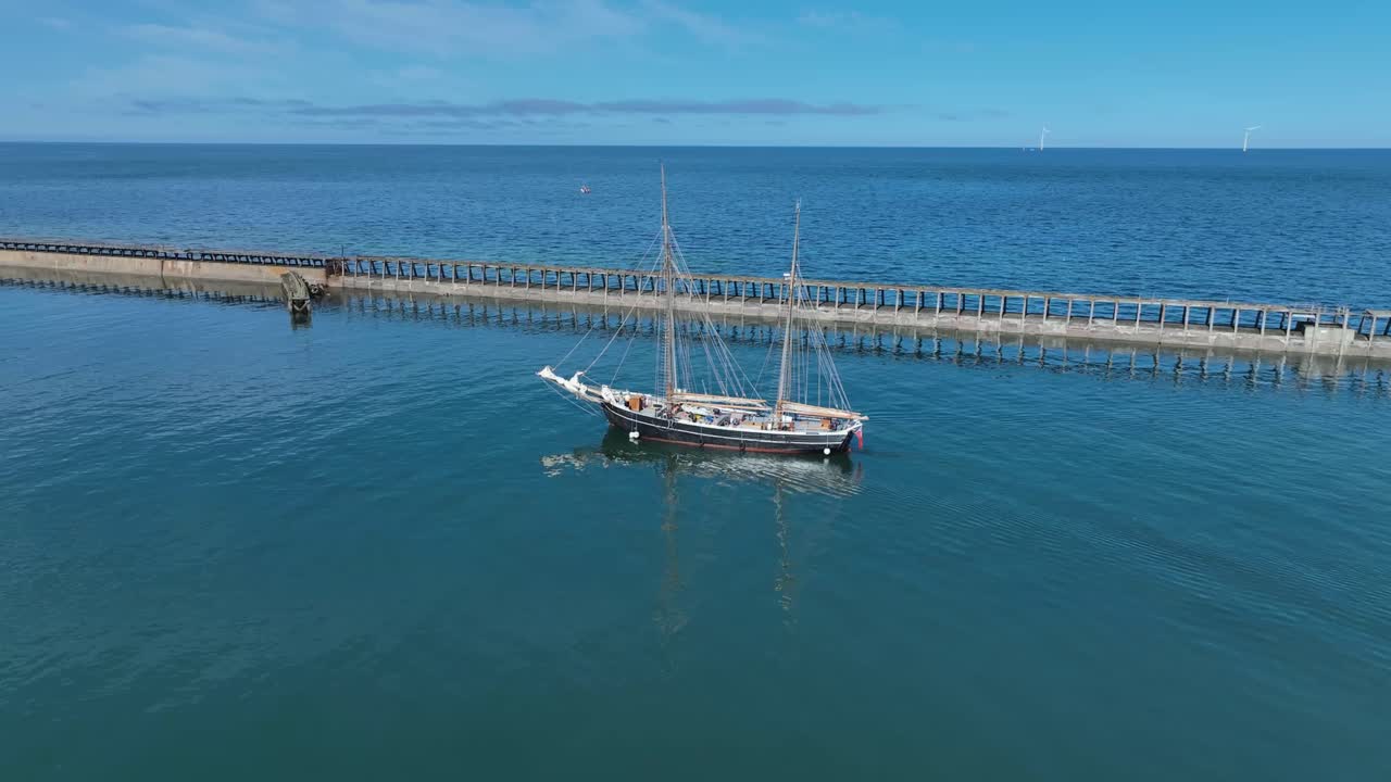 Traditional tall ship sailing along harbour wall, with seabird flying