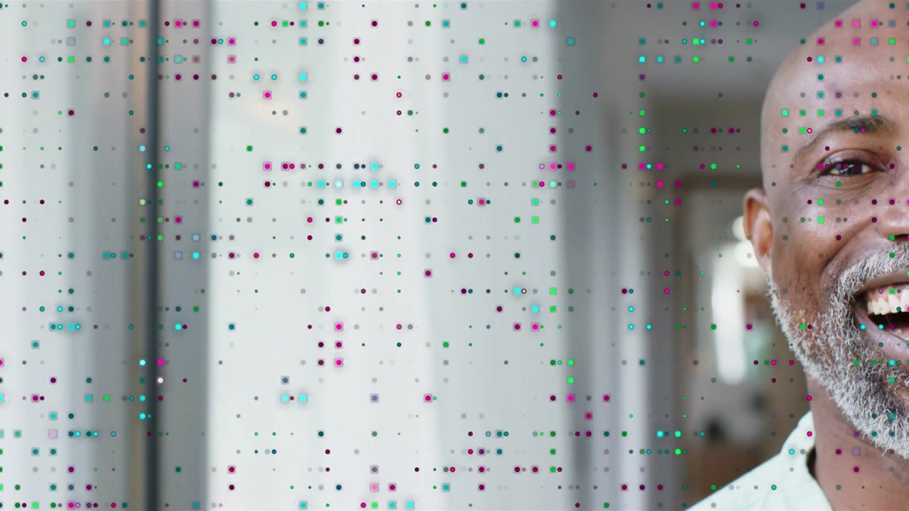 Mature man leaning into hall, dot overlay scattering, revealing smile, causing laugh for design