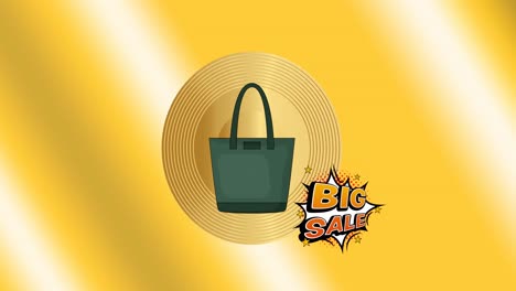 animación de texto de gran venta y bolso de mano sobre fondo amarillo
