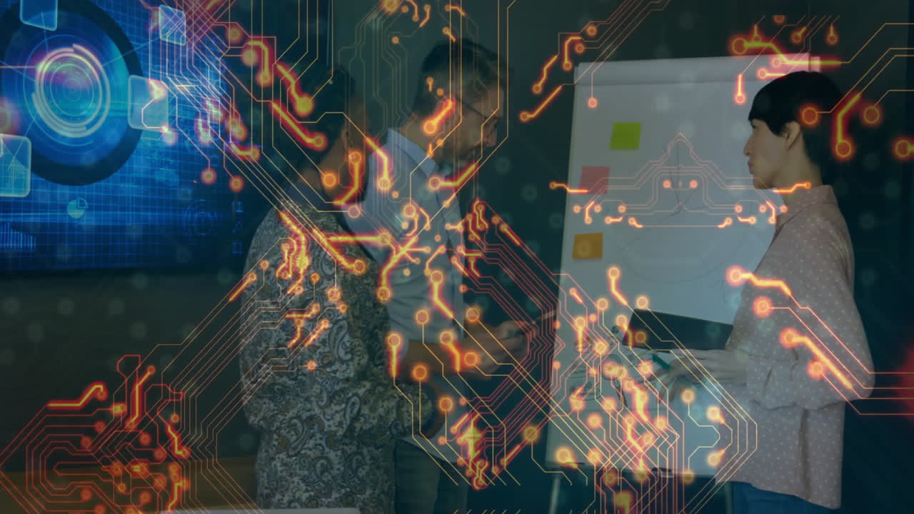 Friends loading laundry into washer, displaying hologram circuit graphics for technology