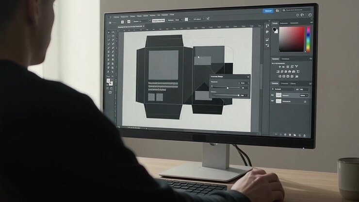 Graphic designer al lavoro sul layout di un packaging al computer