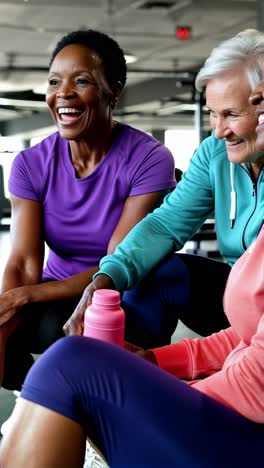 senior women laughing and resting at the gym after a workout.