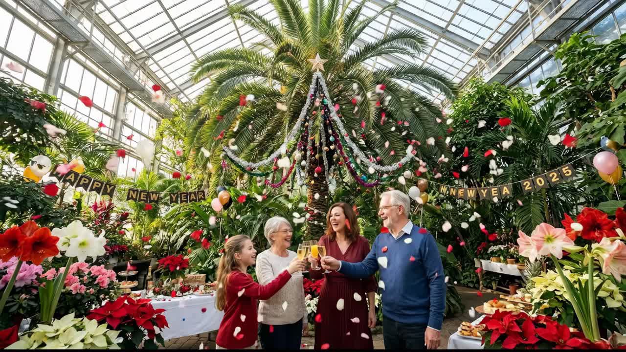 Family New Year's Eve Celebration in a Greenhouse