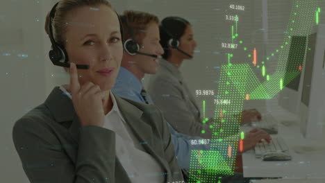 animation of financial data processing over diverse business people with headsets