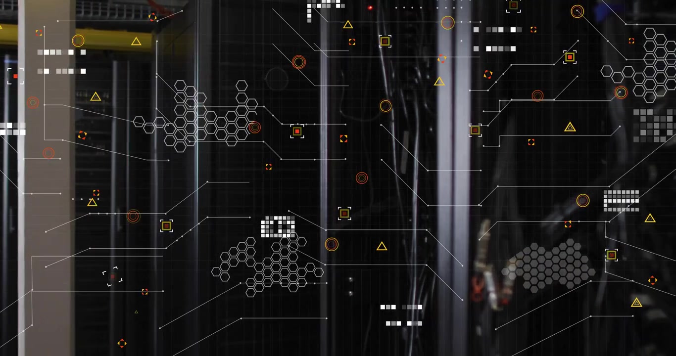 After camera framing server rack UI elements flickering and linking into grid showing data scan