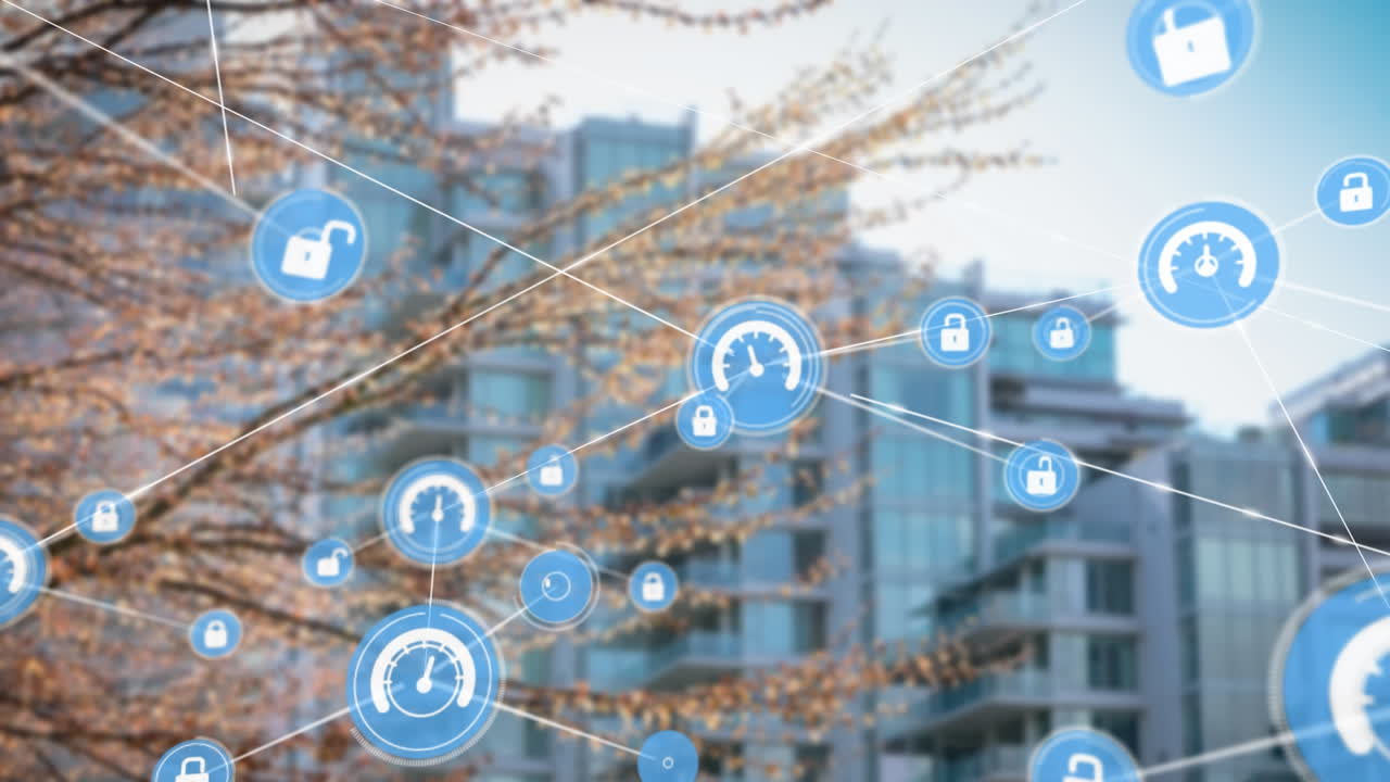 도시 풍경 위의 아이콘으로 연결된 네트워크의 애니메이션