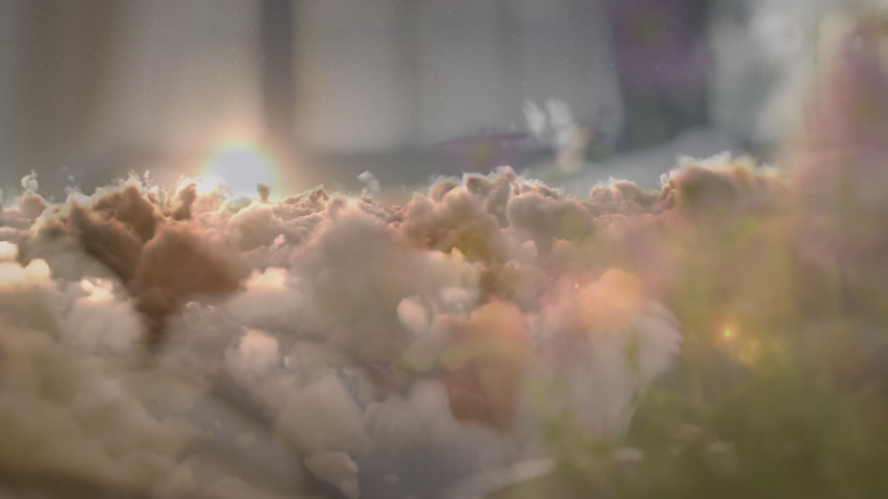 침대에 누워 있는 고령 여성 위에 해가 지고 꽃이 피는 애니메이션