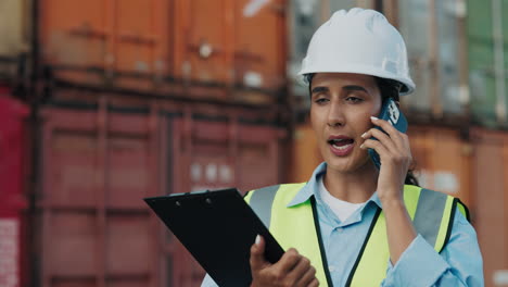 woman engineer talking on phone at container terminal