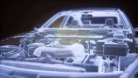 holographic animation of 3d wireframe car model with engine