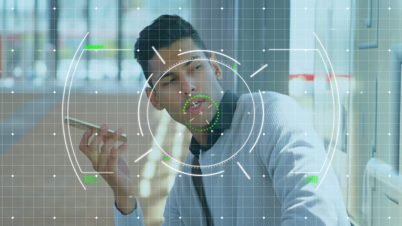 Holding smartphone, man using digital facial recognition animation in school setting