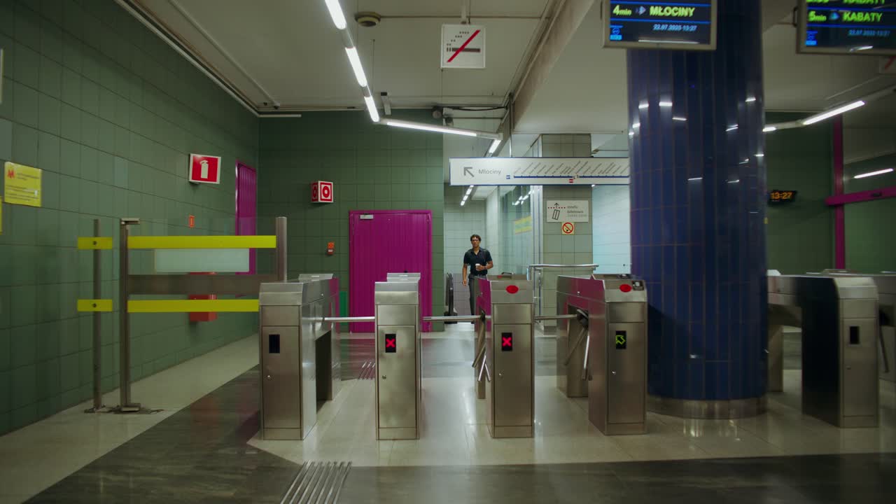地下鉄の駅の改札口を歩く男性。