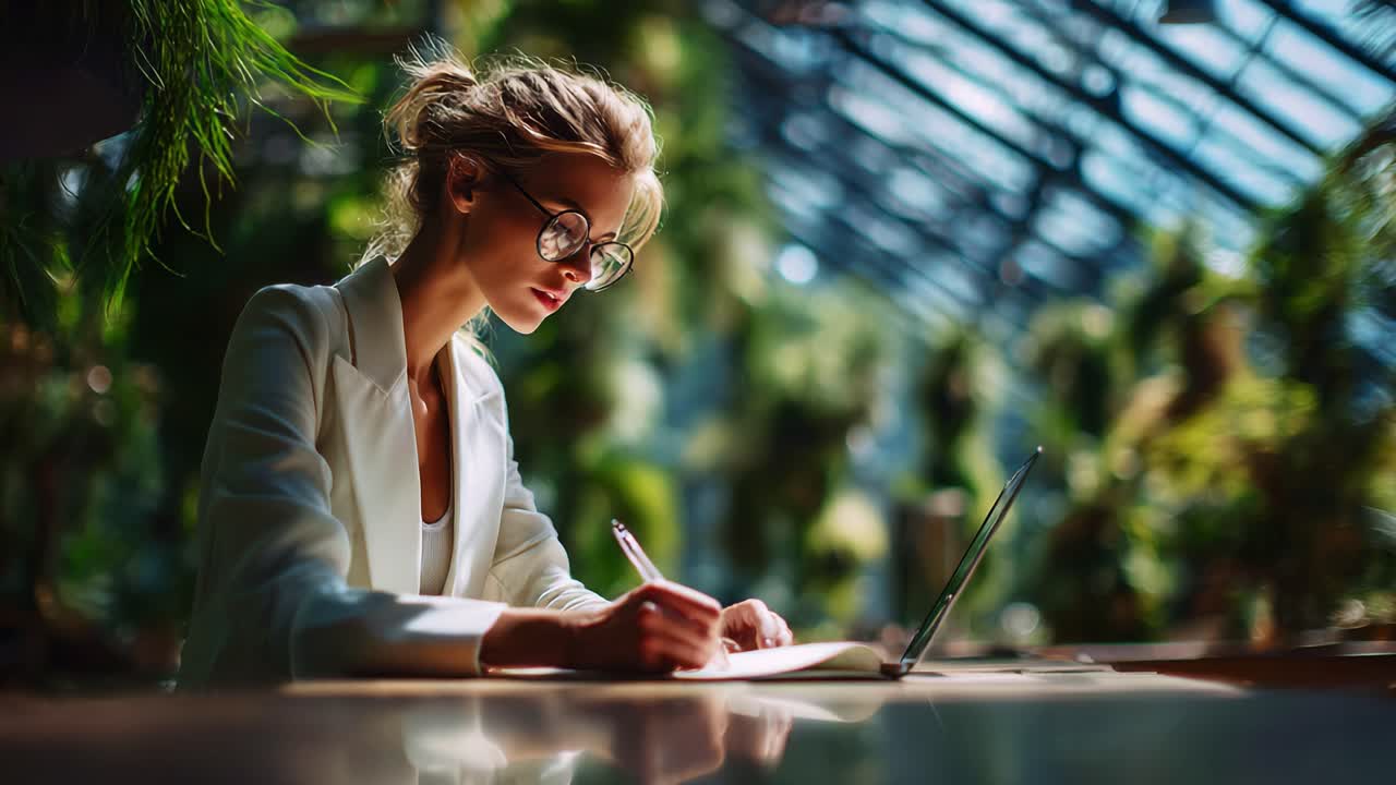 A Focused Professional Woman in a Bright, Lush Environment Writing in a Notebook, Harnessing Inspiration and Creativity Amidst Vibrant Greenery Under Glass Architecture
