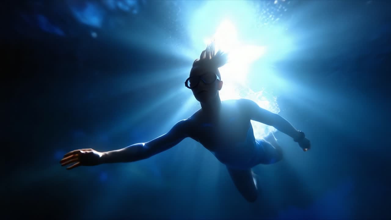 Un'avventura eterea sotto le onde: un subacqueo che esplora le mistiche profondità dell'oceano illuminato da raggi di sole radiosi che filtrano attraverso l'acqua.